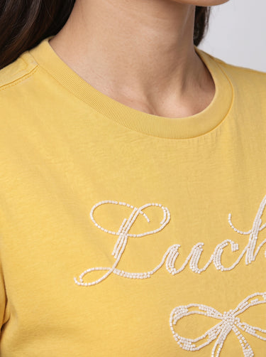 Lucky Beaded Bow T-Shirt - Yellow