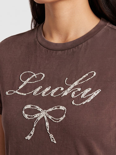 Lucky Beaded Bow T-Shirt - Brown